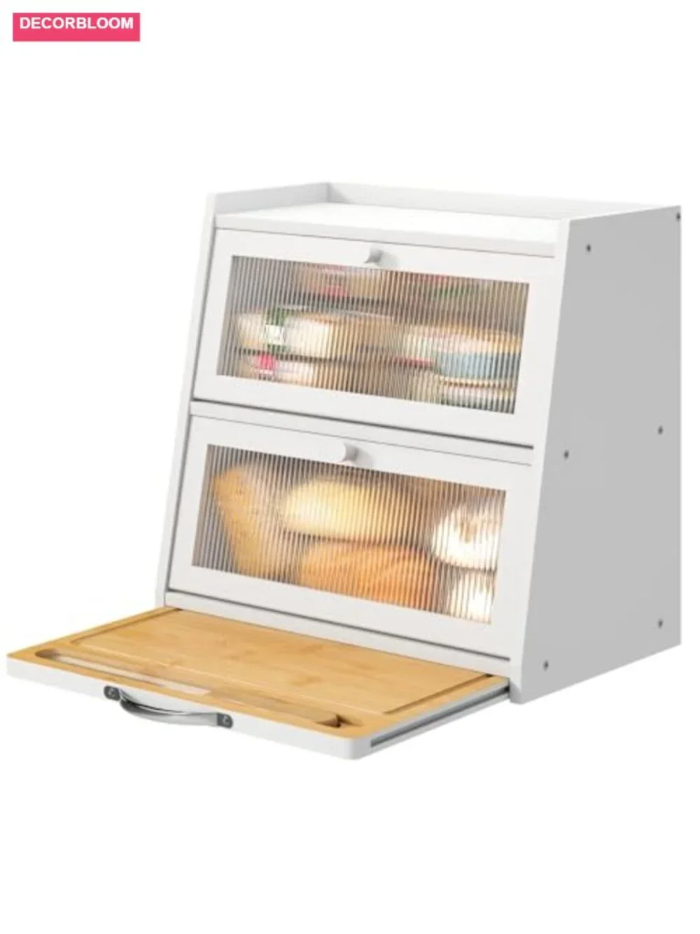 White Bread Box with Cutting Board, Bamboo 2-Tier Storage